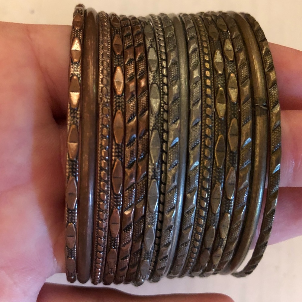 Set of Silver, Gold, and Copper Bangle Bracelets